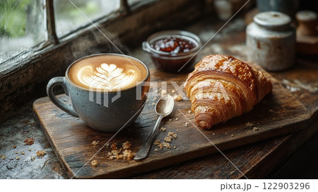 Enjoying a warm cup of coffee with a buttery croissant and fruit preserves on a rustic wooden table 122903296