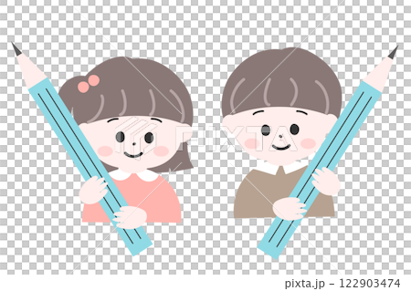 拿著鉛筆的女孩和男孩，幼兒，可愛的插圖 122903474