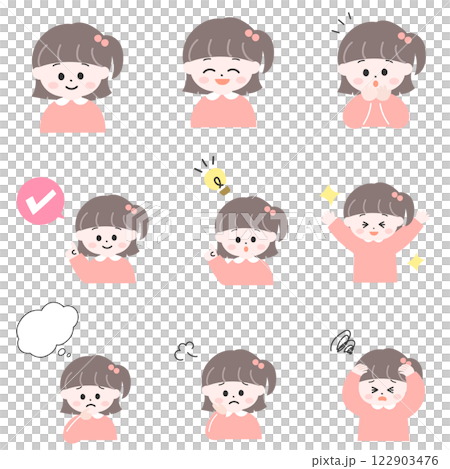 Illustration set of various poses and emotions of little Japanese girls 122903476