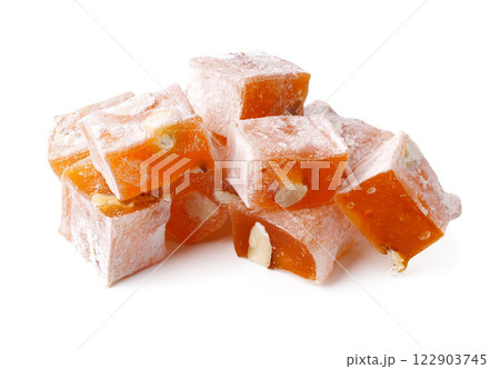 Turkish delight cubes coated with powdered sugar arranged on a white background Turkish delight cubes coated with powdered sugar arranged on a white background 122903745