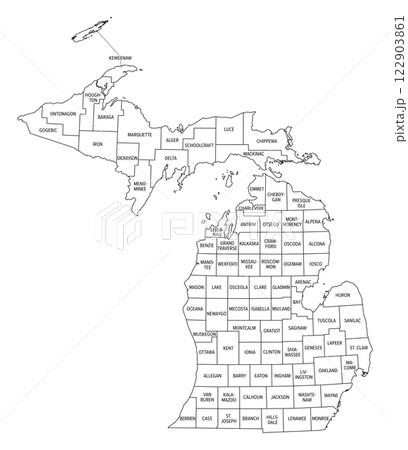 State of Michigan divided into counties, outline map. State in the Great Lakes region of the Upper Midwest of United States, subdivided into 83 counties. Map with boundaries and county names. Vector State of Michigan divided into counties, outline map. State in the Great Lakes region of the Upper Midwest of United States, subdivided into 83 counties. Map with boundaries and county names. Vector 122903861