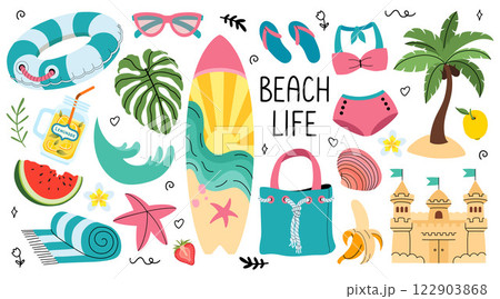 Summer Stickers Set. Beach accessories vector icons for web. Beach life lettering. Tropical vacation Summer Stickers Set. Beach accessories vector icons for web. Beach life lettering. Tropical vacation 122903868
