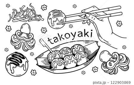 Takoyaki doodle set. Japan street food hand drawn icon. Unagi, octopus, hand with chopsticks hashi. Takoyaki doodle set. Japan street food hand drawn icon. Unagi, octopus, hand with chopsticks hashi. 122903869