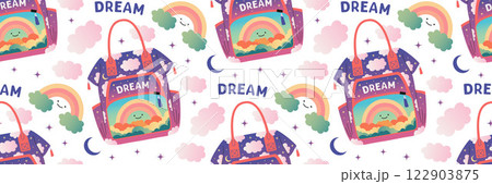 Colorful children backpack seamless pattern. Girls dream background. Back to school concept. 122903875