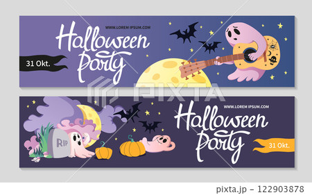 Happy Halloween banners set, party invitation background. Cute Ghost with guitar, in cemetery. 122903878