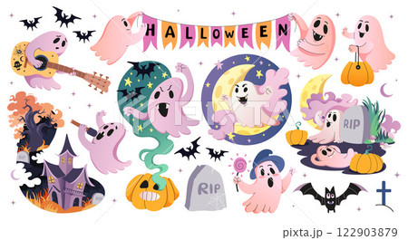 Halloween cute ghost set. Collection of Different cute spooky boo characters for sticker pack. 122903879