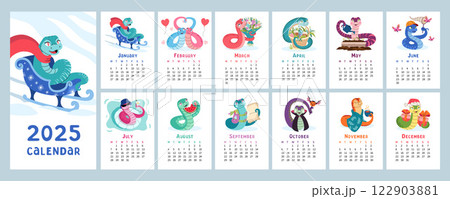 2025 calendar with cute snake illustrations for each month. 12 vertical pages with New Year symbol. 122903881