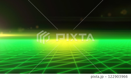 A glowing green digital grid stretching to the horizon, with a futuristic and cyber visual style background 122903966