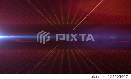 Abstract futuristic grid with red glowing points and golden light source, depicting digital technology and data visualization concepts 122903967