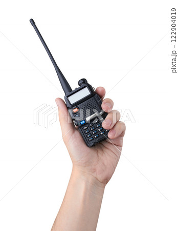 Portable radio transceiver in hand 122904019