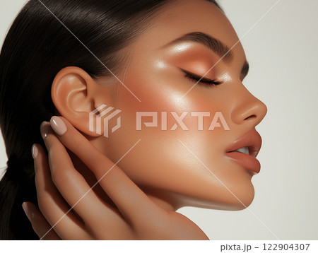 A glamorous close-up portrait of a woman with flawless glowing skin A glamorous close-up portrait of a woman with flawless glowing skin 122904307