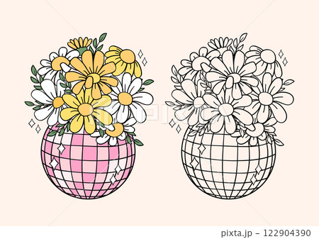 Flowers in a Disco Ball Planter, Hand Drawn in a Coquette Aesthetic Flowers in a Disco Ball Planter, Hand Drawn in a Coquette Aesthetic 122904390