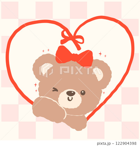 Retro Coquette Teddy Bear with Bow in Ribbon Heart Shaped Frame Cartoon Hand Drawn flat design Retro Coquette Teddy Bear with Bow in Ribbon Heart Shaped Frame Cartoon Hand Drawn flat design 122904398