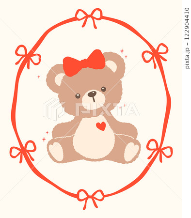 Whimsical Valentine Coquette Teddy Bear with Bow Hair and Red Heart in Ribbon Frame Cartoon Hand Drawn flat design Whimsical Valentine Coquette Teddy Bear with Bow Hair and Red Heart in Ribbon Frame Cartoon Hand Drawn flat design 122904410