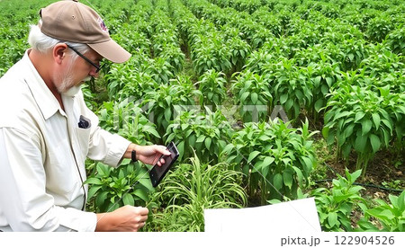 Farmer checking plants in field agriculture crop cultivation farm work. 122904526