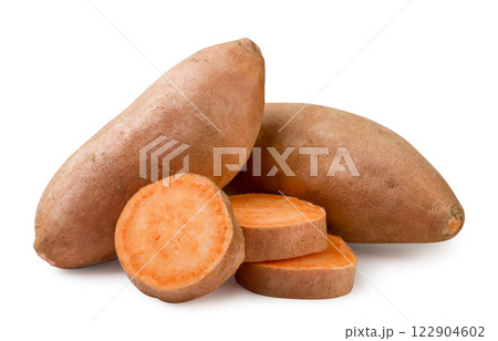 Sweet potato and pieces on a white background. Isolated, Sweet potato and pieces on a white background. Isolated, 122904602