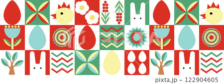 Seamless Easter pattern in modern minimalist style with geometric shapes, eggs. Abstract template for poster, branding, advertising, postcard, prints, banner. 122904605