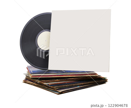 Vinyl record in white paper case. Vinyl envelope. Analog sound. Classic audio. Isolated on white 122904678