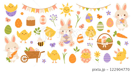 Cute Easter elements set. Easter bunny, chicks and eggs. Flat vector isolated illustration 122904770