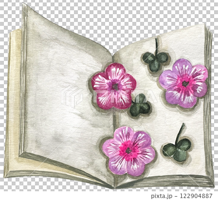 Watercolor illustration of an expanded book with viola flowers. Open book brown colors. Vintage old textbooks watercolor hand drawn. Watercolor illustration of an expanded book with viola flowers. Open book brown colors. Vintage old textbooks watercolor hand drawn. 122904887