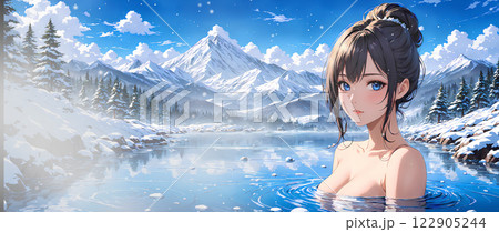 雪景色の温泉に入る美少女　Beautiful girl bathing in a snowy hot 122905244