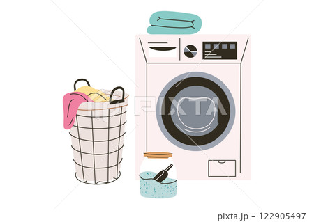 Vector illustration of washing machine and glass jar with detergent, and laundry basket with colorful clothes. Simple, cartoonish, and flat composition of home cleaning, and household chores 122905497