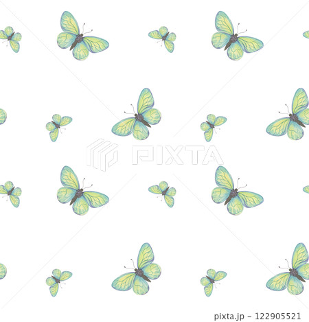 Minimalistic watercolor pattern featuring delicate butterflies on a white background. Yellow and turquoise colors. Perfect for fabric design, stationery, packaging, nature-inspired product decoration 122905521