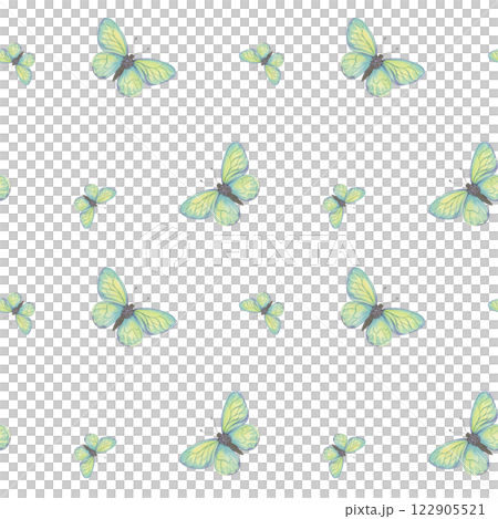 Minimalistic watercolor pattern featuring delicate butterflies on a white background. Yellow and turquoise colors. Perfect for fabric design, stationery, packaging, nature-inspired product decoration 122905521