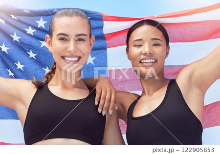 American flag, women and athlete portrait smile, freedom and justice patriotic symbol for female athletes. Teamwork, collaboration and sports girls with flag for global competition contest. 122905853