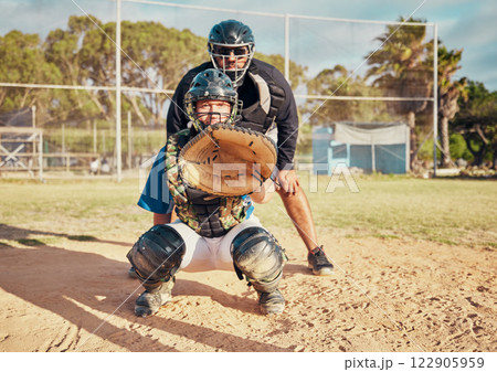 Baseball, sport and training with a sports man or catcher on a field for a competitive game or match outside. Exercise, fitness and workout with a male athlete in uniform for health and competition Baseball, sport and training with a sports man or catcher on a field for a competitive game or match outside. Exercise, fitness and workout with a male athlete in uniform for health and competition 122905959