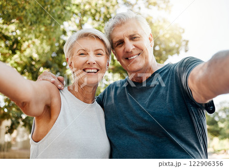 Retirement, fitness and selfie with couple in nature together for health, wellness and exercise. Smile, motivation and sports training with old man and elderly woman for workout, running and happy Retirement, fitness and selfie with couple in nature together for health, wellness and exercise. Smile, motivation and sports training with old man and elderly woman for workout, running and happy 122906356