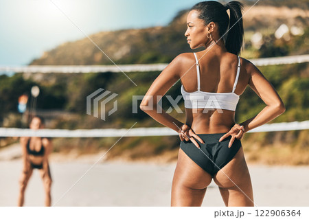 Fitness, volleyball and beach with woman in a bikini and hand signal for sports on Brazil vacation for summer, workout and health. Travel, sun and exercise with girl training for competition game Fitness, volleyball and beach with woman in a bikini and hand signal for sports on Brazil vacation for summer, workout and health. Travel, sun and exercise with girl training for competition game 122906364