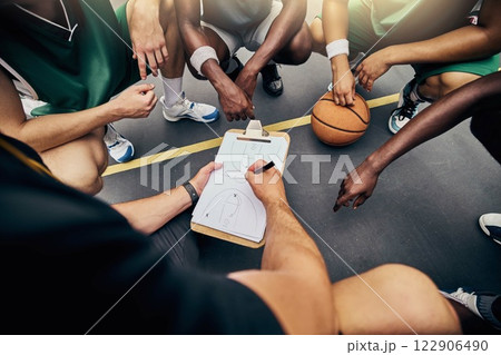 Basketball, strategy and team with a sports coach talking to a team while planning tactics on a clipboard and hands. Teamwork, fitness and exercise with a player and teammates listening at training 122906490