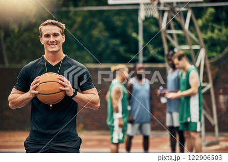 Outdoor basketball court, coach and happy man portrait training, collaboration and sports for college athlete team, professional player and fitness group. Proud, smile and teaching expert game skills 122906503