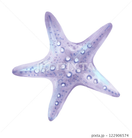 Blue five pointed starfish. Ocean mollusk. Watercolor and marker illustration. Hand drawn isolated art. Marine theme of the underwater world. Shell drawing for children's greeting cards, invitations. 122906574