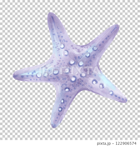 Blue five pointed starfish. Ocean mollusk. Watercolor and marker illustration. Hand drawn isolated art. Marine theme of the underwater world. Shell drawing for children's greeting cards, invitations. 122906574