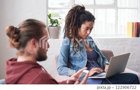 Business woman, SEO or designer with laptop in office working with social media, website or data schedule for team. IT, tech or networking creative girl with advertising, logo analytics or strategy 122906722