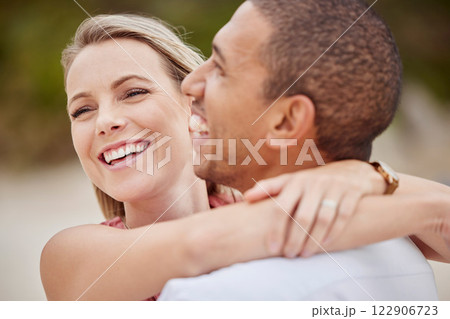 Happy, love and diversity couple with hug celebrate travel, engagement and vacation at sea, ocean or luxury beach. Smile or man and woman with happiness, laugh and bond time together or celebration Happy, love and diversity couple with hug celebrate travel, engagement and vacation at sea, ocean or luxury beach. Smile or man and woman with happiness, laugh and bond time together or celebration 122906723