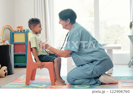 Paediatrician, children doctor and consultation of a healthcare employee check heart health. Family hospital and kids medical clinic worker help with a happy smile on a cardiology consultant job 122906760