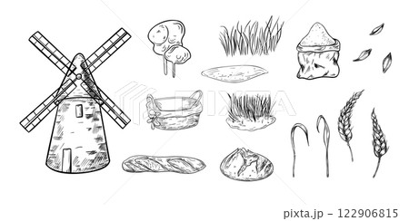 Windmill, wheat ears, empty straw basket and artisan bread hand drawn black white vector. Set of monochrome outline items for themes of agriculture and flour milling, baking, and organic products. Windmill, wheat ears, empty straw basket and artisan bread hand drawn black white vector. Set of monochrome outline items for themes of agriculture and flour milling, baking, and organic products. 122906815