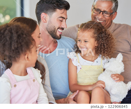 Love, happy and family smile while relax at home with girl, children or kids have fun, bond or enjoy quality time together. Big family, parents and sisters play with mom, dad and senior grandfather 122906845