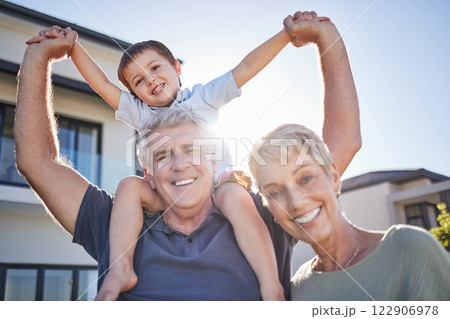 Happy grandparents, smile with child outside home and relax in retirement. Senior man, elderly woman and boy play in garden sun love time together. Kid on holiday, laughs and create childhood memory Happy grandparents, smile with child outside home and relax in retirement. Senior man, elderly woman and boy play in garden sun love time together. Kid on holiday, laughs and create childhood memory 122906978
