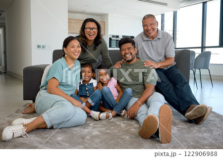 Portrait, smile and big family love home quality time, having fun and bonding together in Mexico. Mother, father and children with their grandparents enjoy relaxing, happy and smiling in living room 122906988