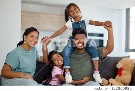 Relax, portrait and happy family in New Zealand love to enjoy the weekend, quality time and having fun together. Happiness, children and sisters smiling with a proud mom and playful father at home Relax, portrait and happy family in New Zealand love to enjoy the weekend, quality time and having fun together. Happiness, children and sisters smiling with a proud mom and playful father at home 122906989