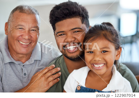Filipino family and happy portrait with senior grandfather and children relaxing together in home. Father, parent and young girl enjoy bonding time in house with age gap relatives. Filipino family and happy portrait with senior grandfather and children relaxing together in home. Father, parent and young girl enjoy bonding time in house with age gap relatives. 122907014