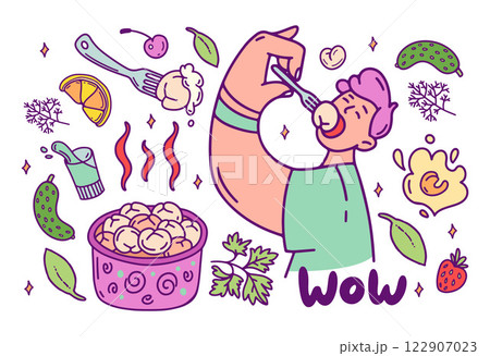 Trendy dumplings color doodle set. Man eating dumpling. National dishes Pelmeni, sour cream, vodka. 122907023