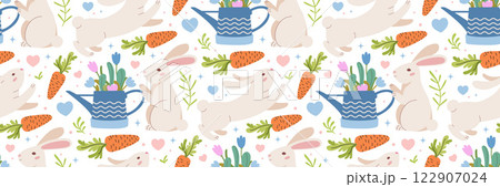 Easter rabbit, carrot and garden watering can seamless pattern. Background with bunnies, vegetation. 122907024