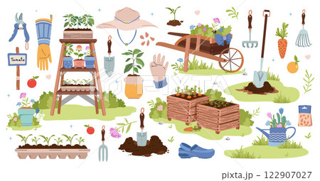 Gardening and agriculture illustrations set. Garden tools, household collection. Growing vegetables. 122907027
