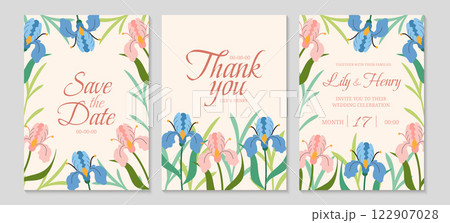 Elegant floral wedding invitation. Flowers of delicate irises close-up. Spring vertical templates. 122907028