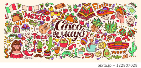 Cinco de Mayo doodle set color. Mexican food elements, plants big collection. Mexican background. 122907029